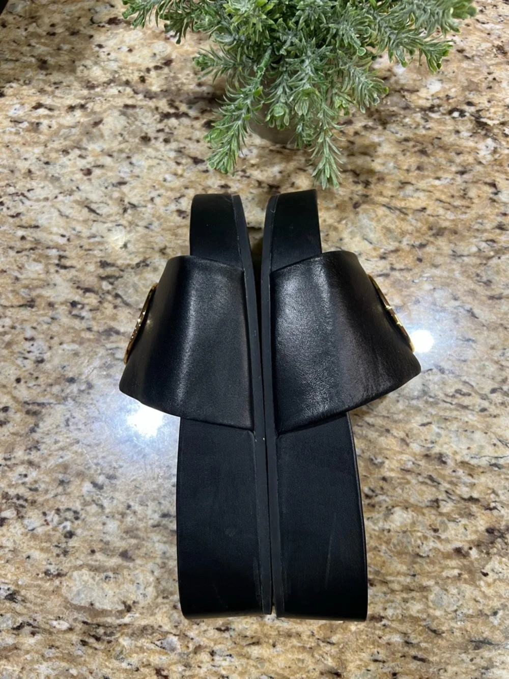 Tory Burch Black Leather Platform Slide with Gold Medallion 7.5M